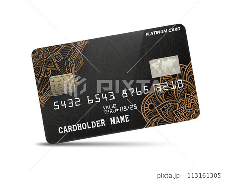 Detailed Glossy Platinum Credit card with Pattern Decoration, Isolated on White Background, Vector Illustration 113161305