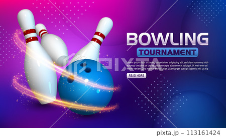 Bowling Tournament Template, Realistic Bowling Strike Widescreen, Vector Illustration 113161424