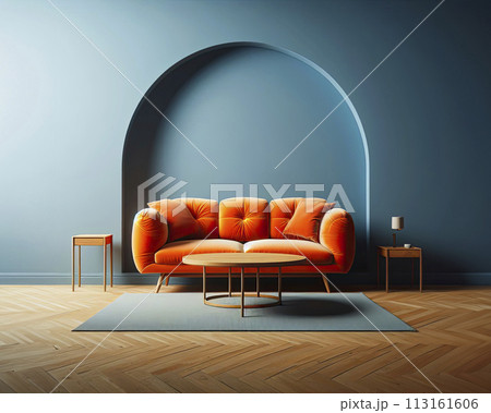 Modern soft orange sofa against a background of an empty blue wall. Minimalist interior of a modern room 113161606
