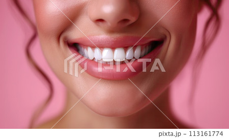 A closeup of a womans smiling mouth, nose, and eyelashes on a pink background. dental illustration A closeup of a womans smiling mouth, nose, and eyelashes on a pink background. dental illustration 113161774