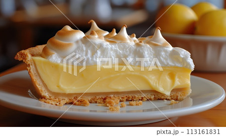 A slice of lemon meringue pie on a blue plate, a delicious baked goods option 113161831