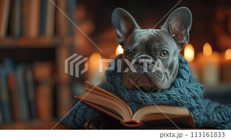 Cute French bulldog with book on sofa at home. Cozy atmosphere 113161833