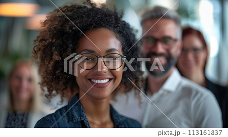 Portrait of beautiful african american woman smiling at camera in cafe 113161837