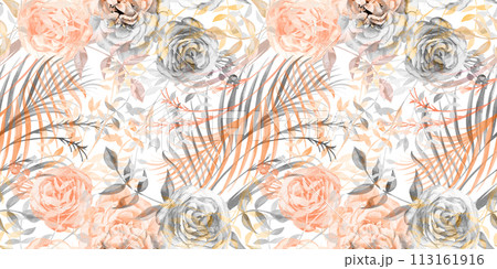 Seamless pattern mix of silhouettes with roses and branches for textiles 113161916