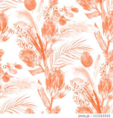 Monochrome watercolor seamless pattern with herbarium of protea flowers and tropical palm leaves on white Monochrome watercolor seamless pattern with herbarium of protea flowers and tropical palm leaves on white 113161918