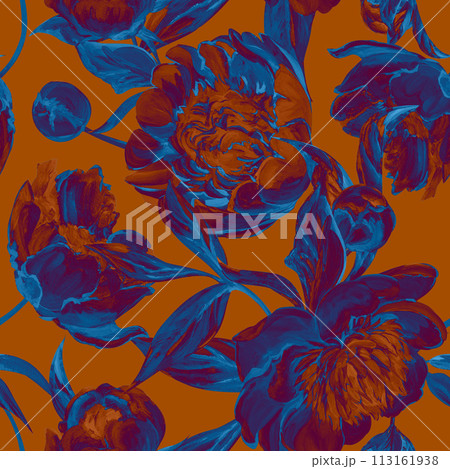 Seamless spring pattern drawn in gouache with pink peonies 113161938