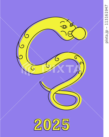 Illustration in two colors with a silhouette of a cheerful snake symbol of 2025 Illustration in two colors with a silhouette of a cheerful snake symbol of 2025 113161947