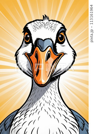 Close-up of a cartoon goose, on yellow background 113161964