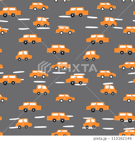 Seamless pattern with cute car on color background. Cartoot transport. Vector illustration. Doodle style. Design for baby print, invitation, poster, card, fabric, textile 113162149