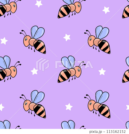 Seamless pattern with bees on color background. Small wasp. Vector illustration. Adorable cartoon character. Template design for invitation, cards, textile, fabric. Doodle style 113162152