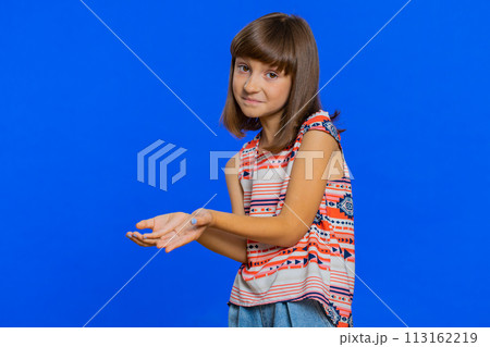 Child girl kid raising hands asking what why reason of failure, disbelief irritation by troubles Child girl kid raising hands asking what why reason of failure, disbelief irritation by troubles 113162219