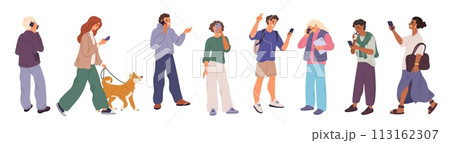 Cartoon people with gadgets. Youngs in casual clothes talk or chat on phones. Continuous communication. Social media. Listen to music with headphones. Walking persons. Garish vector set 113162307