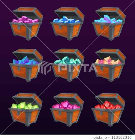 Chest of gems. Ancient wooden open boxes with colorful gemstone crystals and minerals. Brilliant emeralds. Jewel rubies and diamonds. Faceted rhinestones. Game UI elements vector set Chest of gems. Ancient wooden open boxes with colorful gemstone crystals and minerals. Brilliant emeralds. Jewel rubies and diamonds. Faceted rhinestones. Game UI elements vector set 113162310