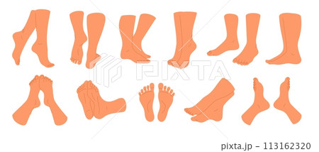 Naked feet. Different angles and positions of human legs. Male ankles. Female barefoot toes. Front, side and back view. Body parts. Tiptoe pose. Spa pedicure. Skin care. Garish vector set 113162320