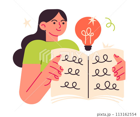 Woman reads a book and has an insight, an idea. 113162554