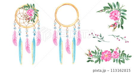 Watercolor hand drawn dream catcher set with pink and blue feathers, crystals, beads and dog rose flowers and branches. Design elements isolated on white background. 113162815
