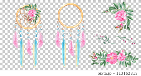 Watercolor hand drawn dream catcher set with pink and blue feathers, crystals, beads and dog rose flowers and branches. Design elements isolated on white background. 113162815