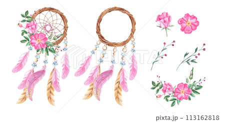 Watercolor hand drawn dream catcher set with pink feathers, crystals, beads and dog rose flowers and branches. Design elements isolated on white background. 113162818