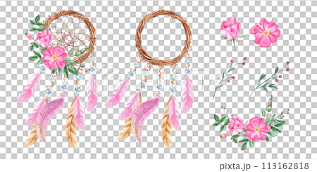 Watercolor hand drawn dream catcher set with pink feathers, crystals, beads and dog rose flowers and branches. Design elements isolated on white background. 113162818