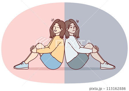 Sad and cheerful girl sit on floor with backs to each other and look at screen. Vector image 113162886
