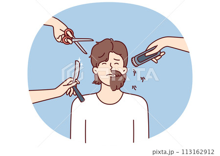 Hands with scissors and shaving devices around man with partially trimmed beard Hands with scissors and shaving devices around man with partially trimmed beard 113162912