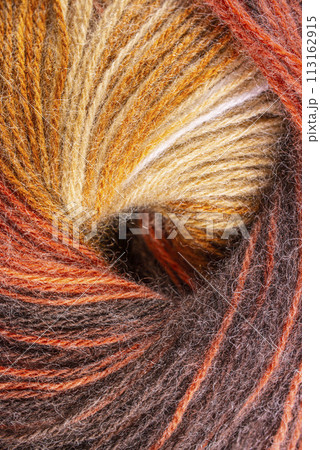 A close up of a skein of yarn with a mix of colors including orange, brown 113162915