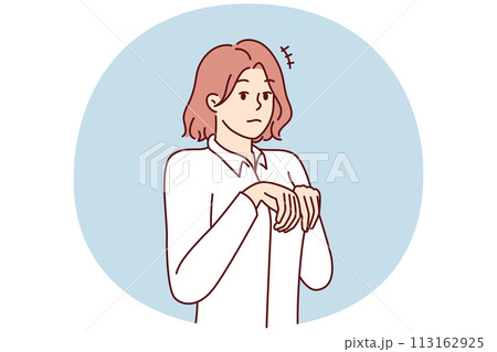 Girl stands like puppy or bunny, bending palms near chest in pose symbolizing humility 113162925