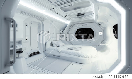Living room with bed in spaceship, white interior design of starship, inside futuristic spacecraft. Theme of space, technology, future, travel, sci-fi, home 113162955