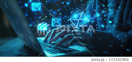 Female person works on laptop with email online, abstract dark digital background. Concept of social media, network, connect, computer, internet, message, people 113162968