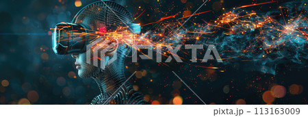 Person uses VR glasses on panoramic abstract background, surreal portrait of woman wearing futuristic headset. Theme of technology, virtual reality, future, art, 113163009