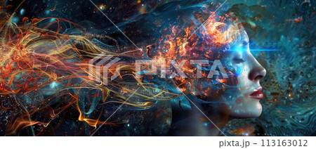 Young woman in virtual reality, surreal portrait of person with fire on abstract dark background. Theme of ai, future, burn, art, banner, mind. 113163012