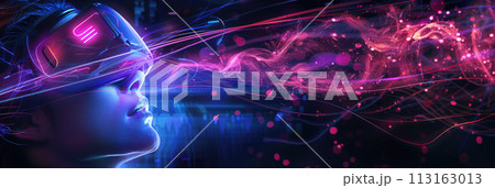 Young woman watches virtual reality using VR glasses, adult girl playing futuristic headset with smoke on dark background. Theme of technology, future, art, panoramic banner. 113163013