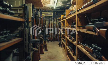 Weapon in old storage, wooden shelves with boxes and guns in warehouse, illegal smuggle arsenal. Concept of war, store, military industry, violence, package 113163027