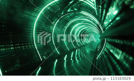 Dark futuristic tunnel with green neon light, inside modern garage or hall, underground room interior. Concept of corridor, studio, background, warehouse 113163029