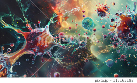 Viruses microscopic view, pattern of micro structures, microbiology illustration abstract background. Concept of science, macro, microscope, cell, science, research 113163188