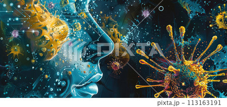 Viruses and bacteria in air near human face, macro view of infection. Concept of flu, influenza, disease, health, transmission, science 113163191