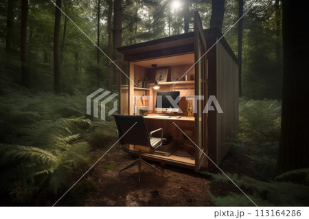 Serene Forest Outdoor Office Setup 113164286