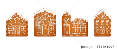 Set of gingerbread house cookies with icing glazed roofs. Cute ginger bread town isolated on white background. Christmas pastries. New Year sweet treats. Vector cartoon illustration 113164557