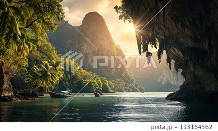 Golden Sunset at Tropical Beach Cove Ai generation Golden Sunset at Tropical Beach Cove Ai generation 113164562
