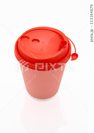 The pink cardboard coffee cup with a red plastic lid on the white glossy background, the inscription on the lid is Carefully Hot, transparent background The pink cardboard coffee cup with a red plastic lid on the white glossy background, the inscription on the lid is Carefully Hot, transparent background 113164879