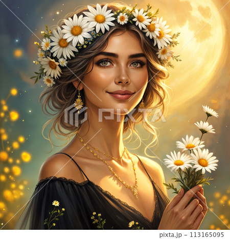 Beautiful girl with a wreath of flowers on her head 113165095