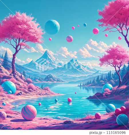 A surreal landscape with mountains, trees, and a lake. 113165096