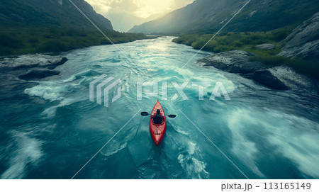 Aerial View of A Kayaker Paddling The Rapids of a Beautiful Mountain River. Generative AI. 113165149