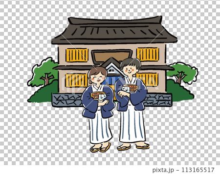 A loose hand-drawn style illustration of a man and woman wearing yukata and an inn 113165517
