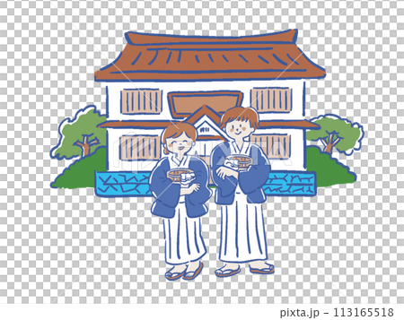 柔和的彩色寬鬆手繪風格插圖,描繪了穿著浴衣的男女和一家旅館 柔和的彩色寬鬆手繪風格插圖,描繪了穿著浴衣的男女和一家旅館 113165518