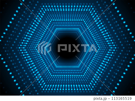Blue neon glowing dotted linear hexagons abstract hi-tech background 113165519