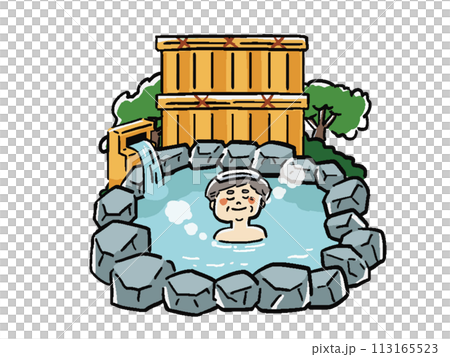 Hand-drawn style illustration of a man taking an open-air bath Hand-drawn style illustration of a man taking an open-air bath 113165523