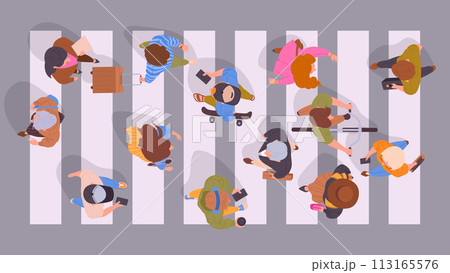 People on crosswalk top view. Pedestrians walking down the street view from above, male and female passersby crossing road flat vector illustration set. Characters crossing road top view 113165576