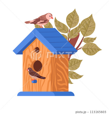 Cartoon birds nest. Wooden hand crafted bird house, bird house with feeder on oak tree flat vector illustration. Nesting bird house Cartoon birds nest. Wooden hand crafted bird house, bird house with feeder on oak tree flat vector illustration. Nesting bird house 113165603