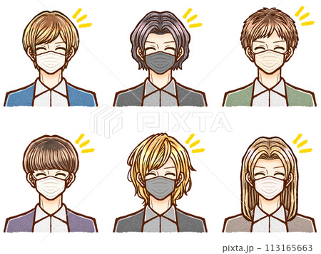 様々な髪型のマスク姿の大人男性のイラスト素材セット 113165663